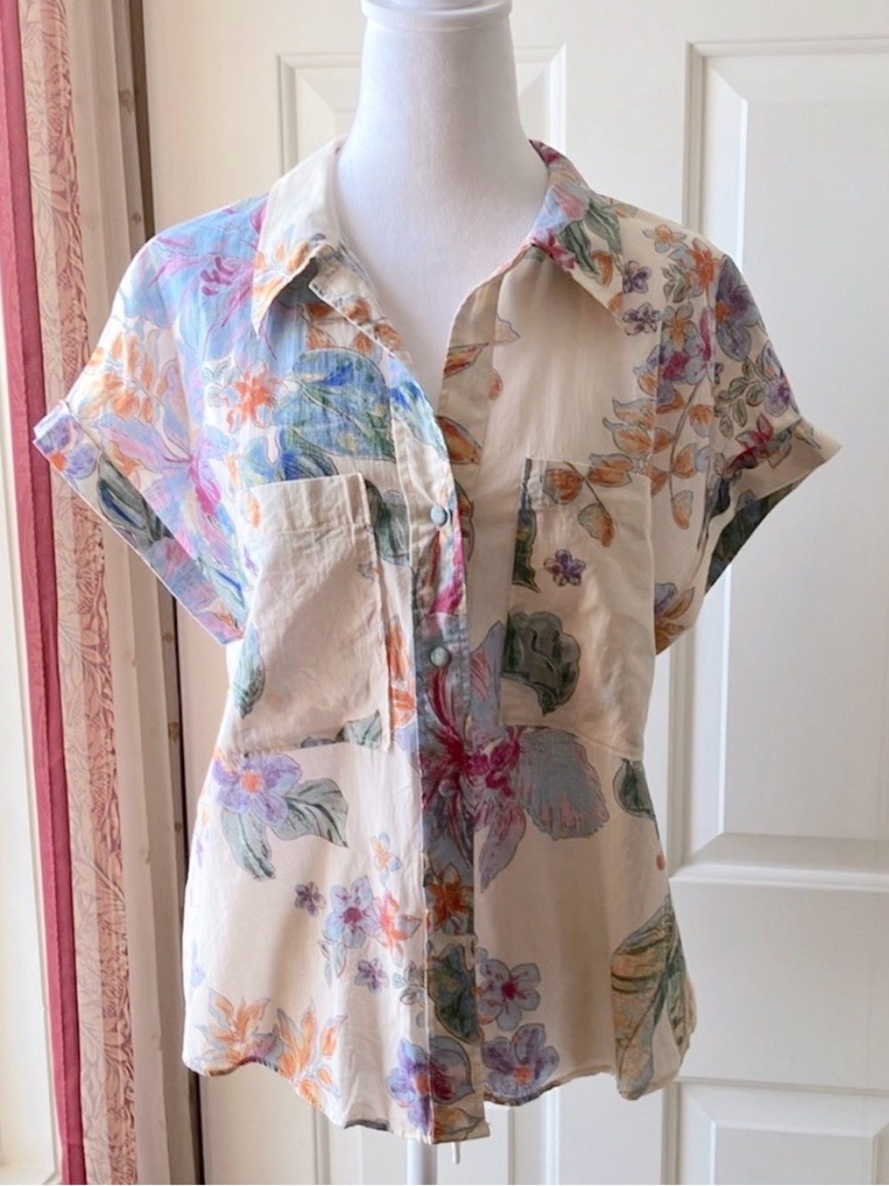 Mango Floral Pattern Shirt Cotton Short Sleeve Multicolor Size 8 - Picture 5 of 14